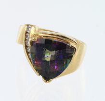 Yellow gold (tests 14ct) diamond and mystic topaz contemporary dress ring, one checker trillion