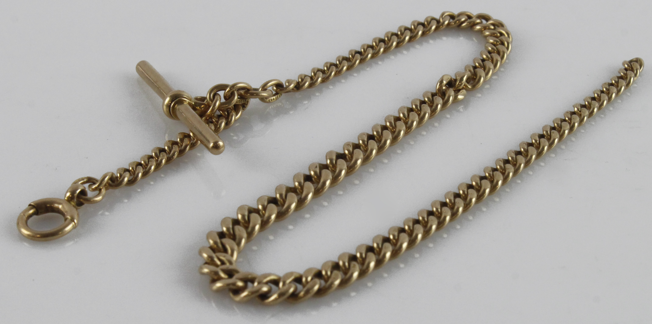 15ct yellow gold antique Albert pocket watch chain, graduated curb links each stamped '15, .625',