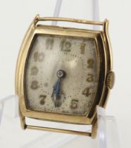 Gents 9ct cased manual wind wristwatch, hallmarked Glasgow 1930. The cream dial with Arabic