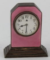 Small silver & pink enamel desk clock, hallmarked 'I.M.H., Birmingham 1920', height 90mm approx. (