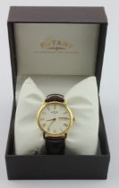 Rotary Windsor gold tone gents quartz wristwatch. The cream dial with Roman numerals, centre seconds