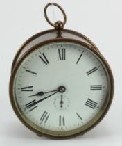 Brass alarm clock, Arabic numerals to dial, diameter 13.5cm, depth 7.5cm approx.