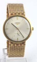 Gents 9ct cased Longines manual wind wristwatch. The cream dial with gilt baton markers,