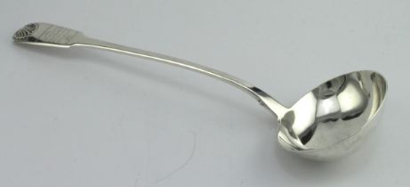 Large William IV silver ladle, hallmarked 'FH, London 1824' (Francis Higgins II), engraved to handle