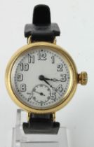 Gents 18ct cased wristwatch in a Dennison case, hallmarked Birmingham 1919. The white dial with