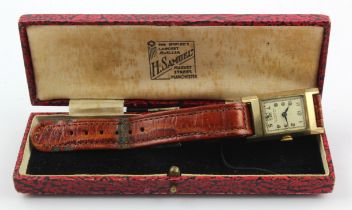 Gents rolled gold manual wind wristwatch circa 1938. Case size 29mm x 22mm. Engraved on the back,