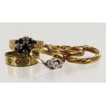 Assortment of 9ct gold/tests 9ct jewellery, one pair of hooped earrings, three rings, stones include