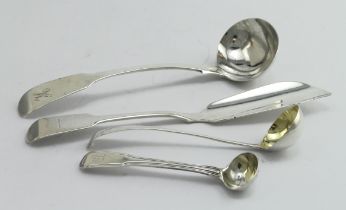 Mixed lot of Georgian silver flatware, comprising an Old English silver cream ladle, hallmarked RC