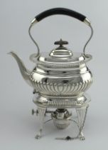 Silver spirit kettle on stand, with burner beneath, embossed decoration, hallmarked 'G&SCoLtd,