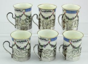 Six silver mounted coffee cans by Crescent & Sons, the holders are hallmarked T.W. Birm 1927, one