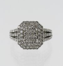 White gold (tests 18ct) diamond cluster ring, ninety-three round brilliant cuts, TDW approx. 1.05ct,