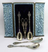 Silver plate pair of ornate Victorian fruit spoons by Elkington & Co., both bearing marks for