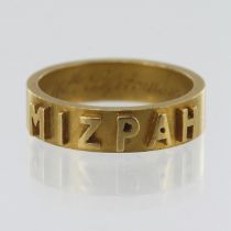Yellow gold (tests 18ct) MIZPAH ring, width 4.4mm, finger size I/J, weight 4.9g.