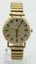 Gents Omega Geneve 9ct gold cased wristwatch, with date aperture, engraved to reverse 'To Howell,