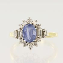 18ct yellow gold diamond and sapphire cluster ring, one oval sapphire approx. 7mm x 5mm,