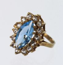 9ct yellow gold cluster cocktail ring, set with paste stones, head measures 21mm x 14mm, finger size