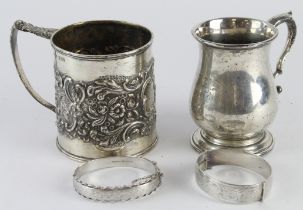 Mixed Silver. Two silver cups & two silver bangles, total weight 16.oz. approx.