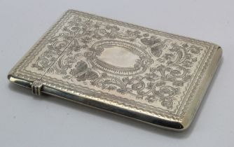 Victorian silver card case, engraved with scrolling foliate decoration (cartouche on both sides