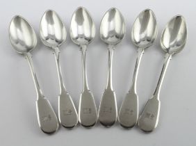 Russian set of six silver Fiddle Pattern teaspoons marked for AW 84 zolotniks 1878 Moscow. Weight of