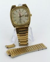 Gents gold plated 1978 Omega automatic wristwatch. The gilt dial with stick markers, black outer