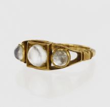 Yellow gold (tests 18ct) antique moonstone trilogy ring, three moonstone cabochons principle