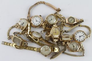 Assortment of eleven ladies 9ct cased wristwatches, on rolled gold/metal core bracelets, one with