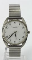 Gents International Watch Company stainless steel manual wind wristwatch. The signed white dial with