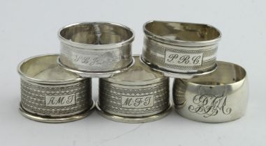 Five silver napkin rings, various British hallmarks. Total weight of items - 2oz approx.