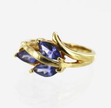 18ct yellow gold tanzanite trilogy dress ring, three marquise cuts all approx. 8mm x 4mm each, TGW