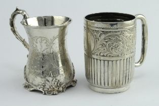 Two silver cups, each with ornate decoration, hallmarked 'IK, London 1851' & 'HA, Sheffield 1902',