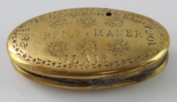 Small brass tobacco case, lid engraved 'George O. Howell, Brick Maker, Glais 28/3 1901'. Glais, nr