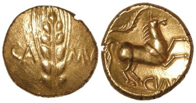 Celtic Britain: Cunobelin of the Catuvellauni, gold Stater of Camulodunum (Colchester) early 1stC AD