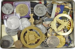 Medallions, badges, jewels etc. (53) 19th-20thC assortment in a tin.