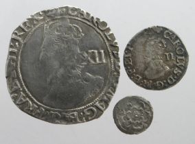 Charles I silver (3): Shilling mm. triangle in circle, S.2799, 6.00g, Fine; Halfgroat mm. anchor,