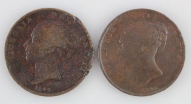 Pennies (2): 1843 Fine, edge knocks, and 1849 damaged Fair. Both rare dates.