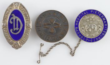 Nursing badges - South African pin bade No: 21 593. Plus two silver marked and enamelled - College