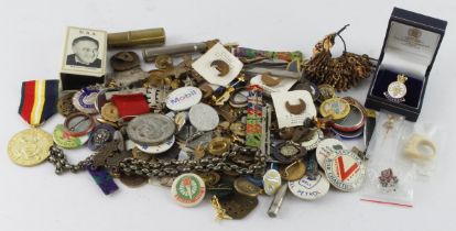 Mixed tub of pin badges, lapel badges, fobs, etc. many enamelled. Few military but majority non-