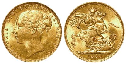 Sovereign 1880M (Melbourne, Australia) St George, horse with long tail, S.3857, UNC