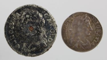 Charles II (2) Fourpence 1679 VF, and Tin Farthing 1684 F, "ex River Thames find," with envelope.