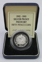 Fifty Pence 1992/3 silver proof piedfort. FDC boxed as issued