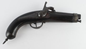 19th century French percussion military pistol with signed lock and belt hook unusual pistol.