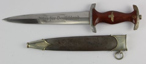 German 3rd Reich SA Dagger with scabbard. Blade maker marked 'RZM M7/80'. Paint removed from