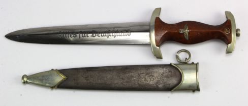 German 3rd Reich SA Dagger with scabbard. No makers mark, blade tip missing. Scabbard with paint