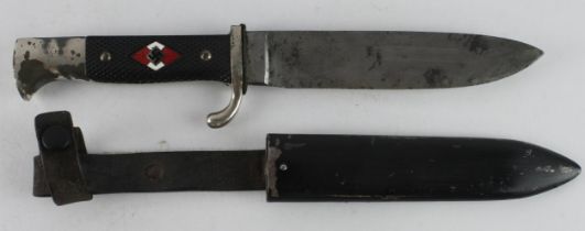 German 3rd Reich Hitler Youth knife, no makers mark or inscription, with scabbard and leather frog