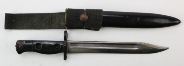 British L1A3 bayonet in its steel scabbard with fibre frog. Good Bowie blade, ricasso with W/D arrow