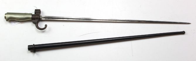 French M1886 Epee bayonet for the Lebel Rifle, in its blued steel scabbard, hooked quillon, white