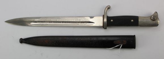 German 3rd Reich Parade Bayonet with scabbard, blade maker marked 'Paul Seilheimer Solingen'.