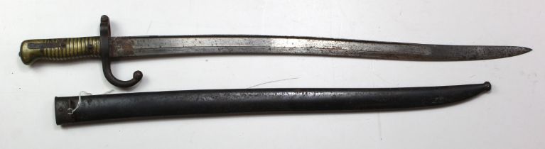 French M1866 Chasspot bayonet, blade signed in script and dated 1874. Good blade, original blue to