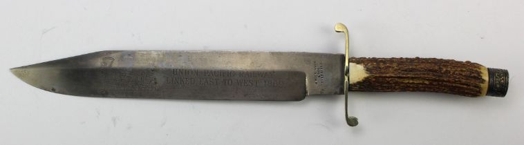 Bowie Knife, ricasso stamped "W.Wilkinson & Son. Sheffield". Clipped back, Bowie blade 12", engraved