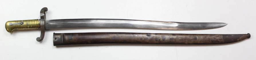 French M1842 Sabre Bayonet, ricasso marked "S & K" in its steel scabbard, brass ribbed hilt, GC with